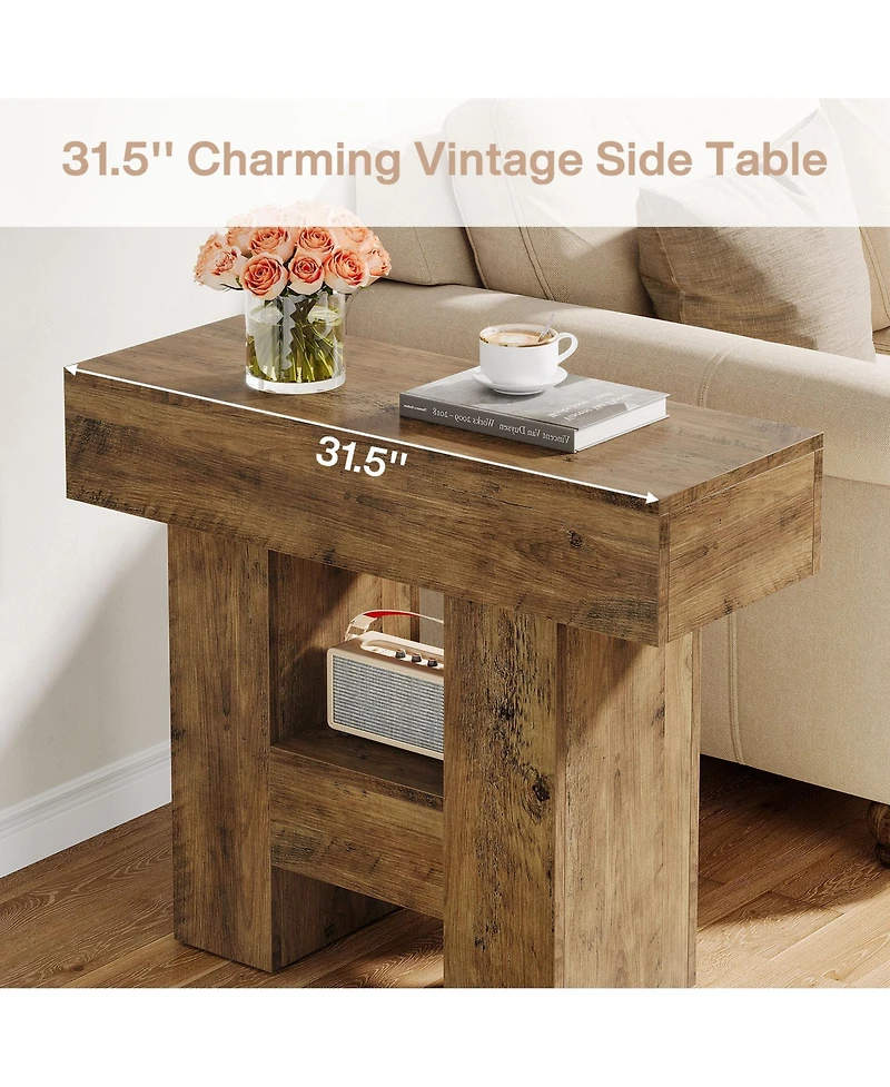 Tribesigns Farmhouse Narrow End Table with 2-Tier Storage Shelf and Heavy-Duty Base – Sofa Side Table for Living Room