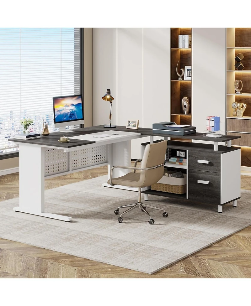 Tribesigns 63" L-Shaped Executive Desk with File Cabinet, Drawers & Storage Shelves – Office Desk