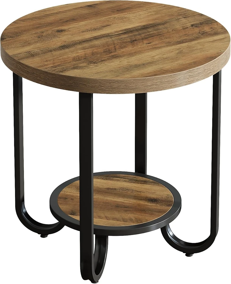 Tribesigns Round End Table with 2-Tier Storage Shelf, Industrial Side Table with Curved Metal Legs