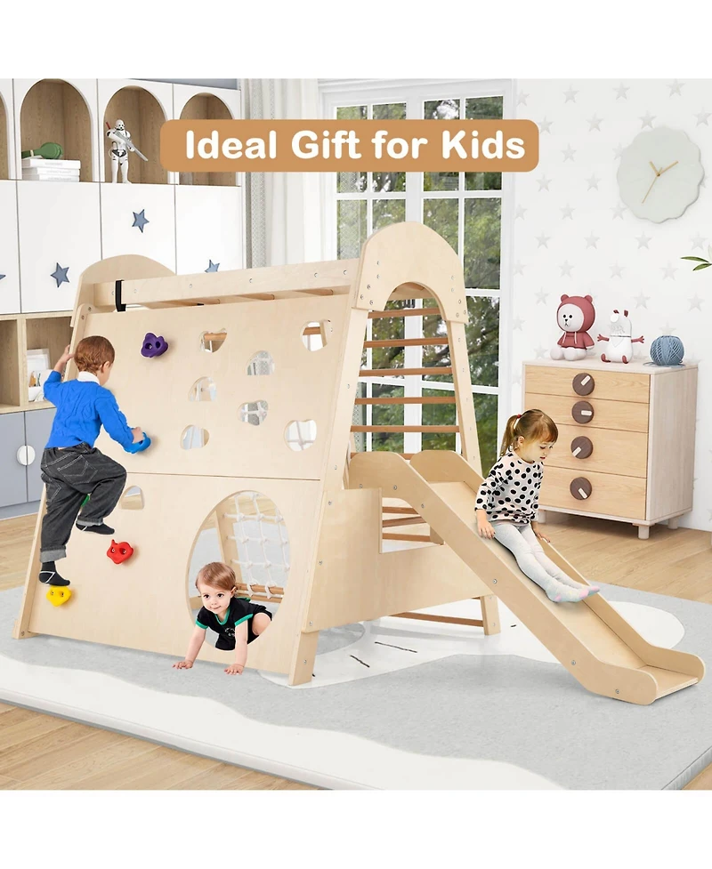 8-in-1 Indoor Jungle Gym Wooden Playground with Climbing Wall, Net, Ladder