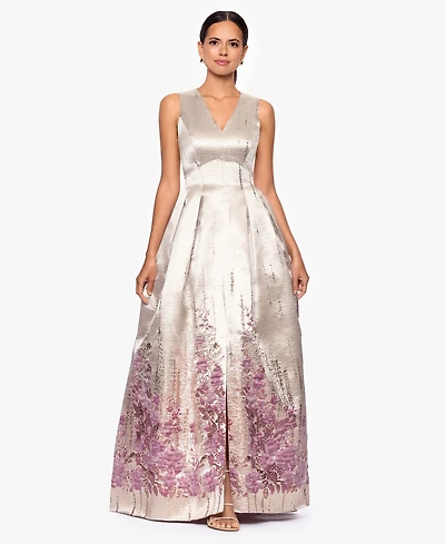 Betsy & Adam Women's Jacquard Pattern V-Neck Long Dress