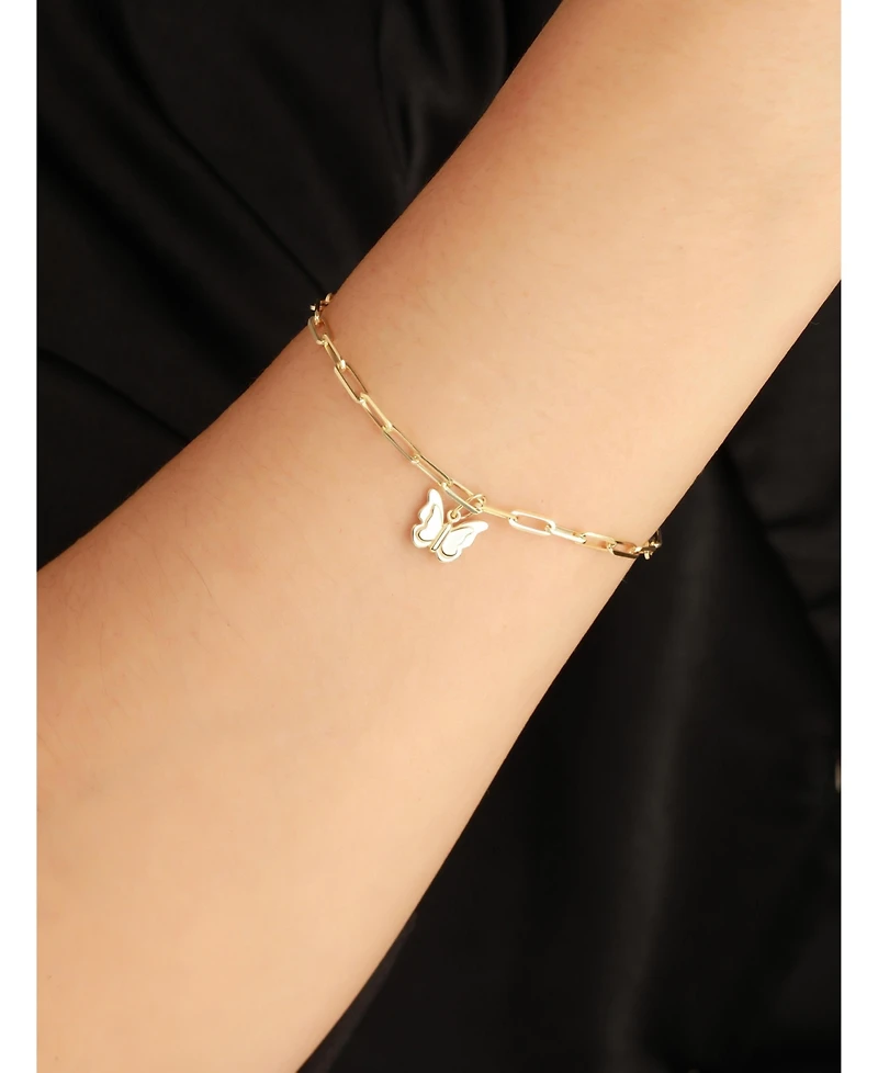 Devata Butterfly Charm with Paperclip Chain Bracelet in 14K Gold, 7 in, approx. 3.0 grams.
