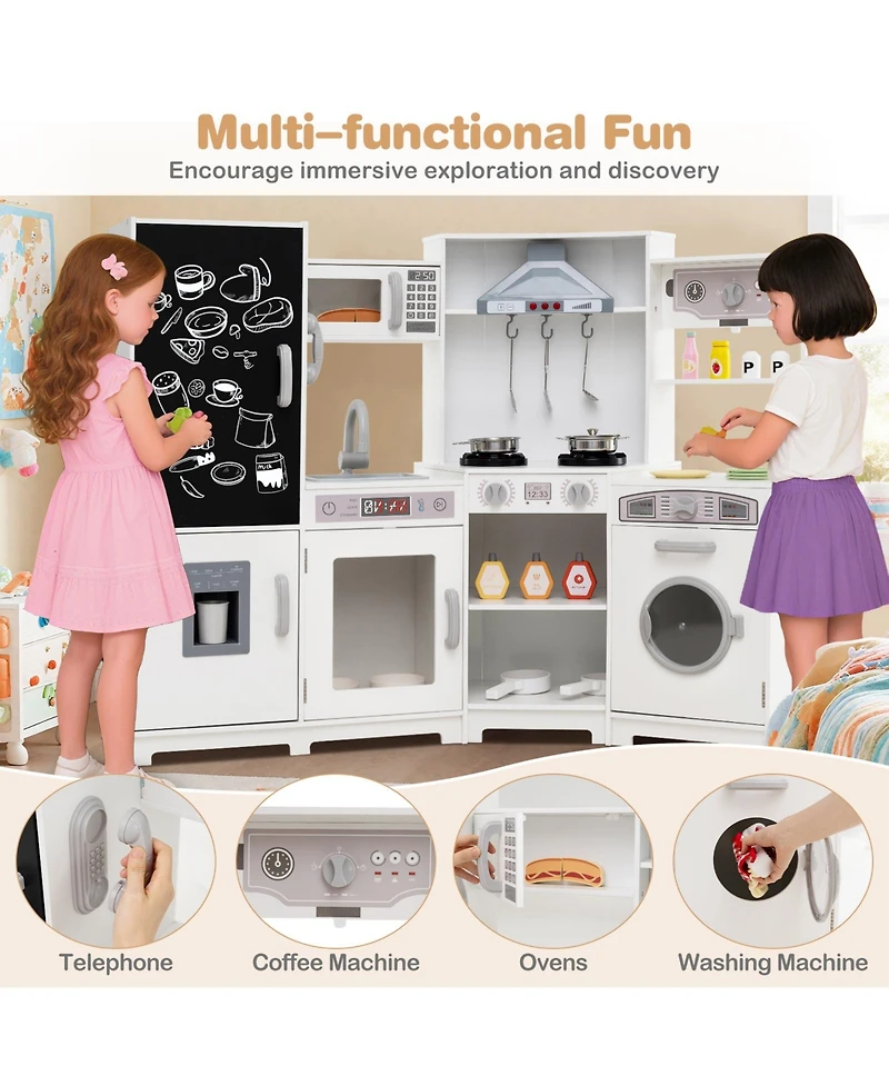Hongge Wooden Corner Play Kitchen Set With Lights Sounds Ice Maker And Accessories