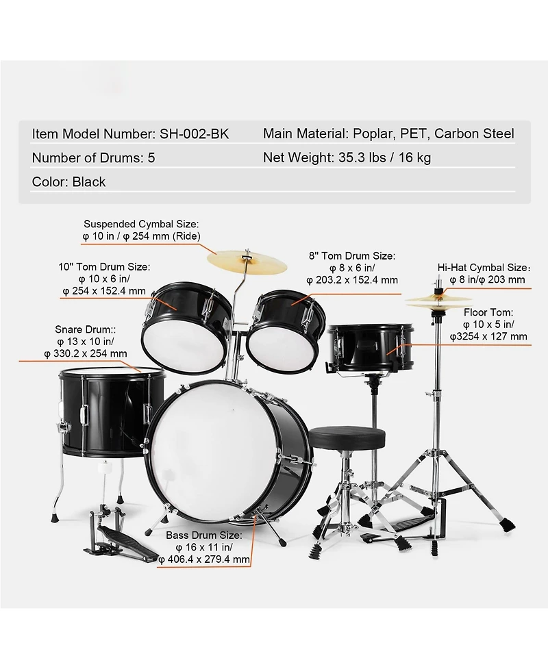 Sugift Kids Drum Set 5-Piece 16" Full Beginner Kit with Cymbals Pedals