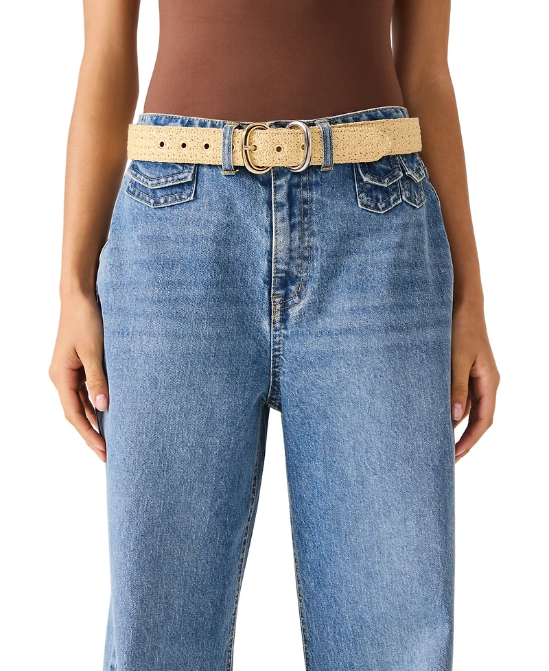 Steve Madden Women's Seasonal Straw Double Buckle Two-Tone Belt