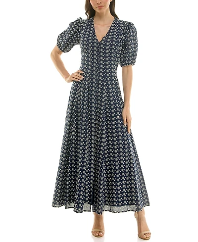 Taylor Women's Puff-Sleeve Eyelet Button-Front Dress