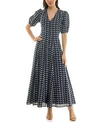 Taylor Women's Puff-Sleeve Eyelet Button-Front Dress