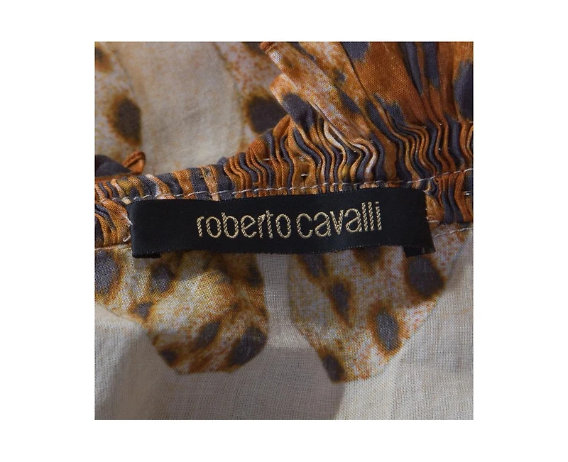 Pre-Owned Roberto Cavalli Women's Beige Leopard Printed Cotton Ruched Neckline Poet Blouse