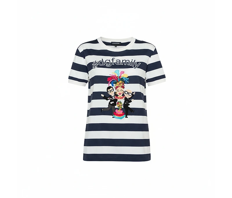 Pre-Owned Dolce & Gabbana Women's Striped Cotton Patch Detail Crewneck T-Shirt