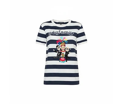 Pre-Owned Dolce & Gabbana Women's Striped Cotton Patch Detail Crewneck T-Shirt