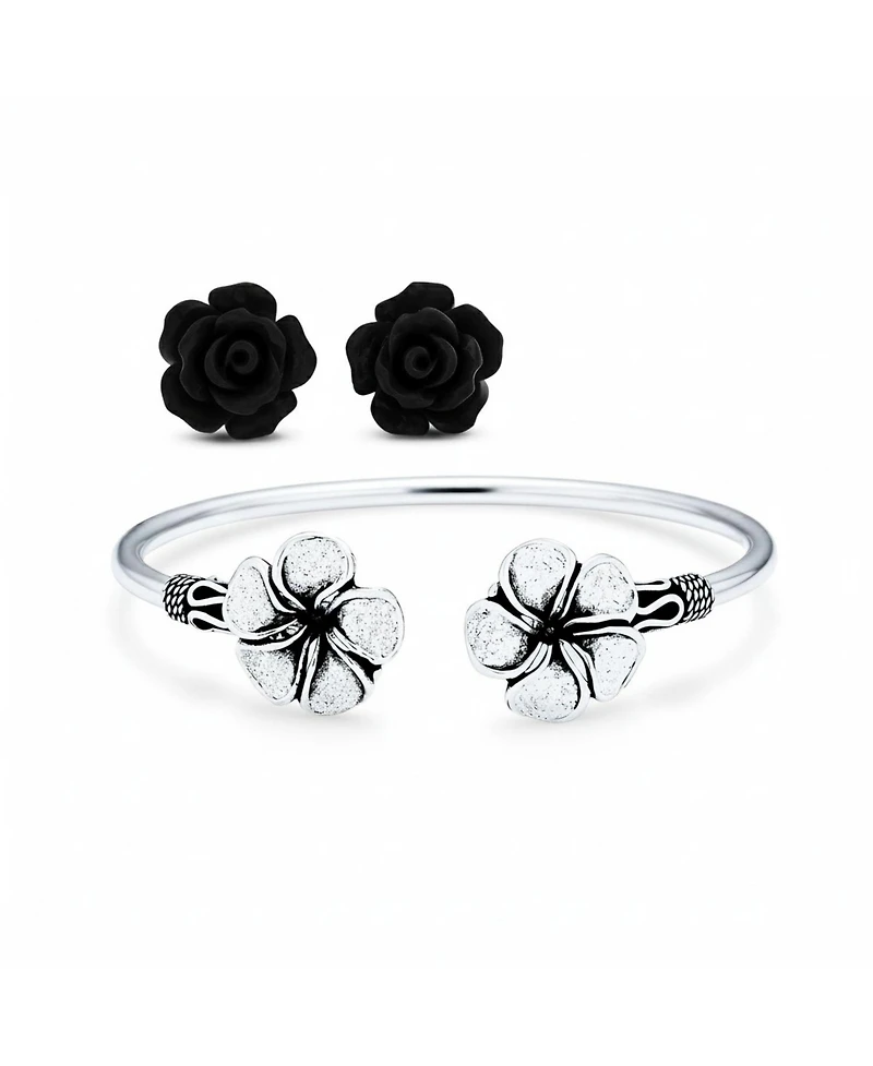 Bling Jewelry Romantic Bali-Inspired Plumeria Cuff Bracelet with Black Rose Floral Stud Earrings Jewelry Set Silver Plated