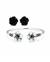 Bling Jewelry Romantic Bali-Inspired Plumeria Cuff Bracelet with Black Rose Floral Stud Earrings Jewelry Set Silver Plated