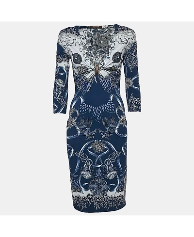 Pre-Owned Roberto Cavalli Women's Blue Printed Jersey Brooch Detail Midi Dress
