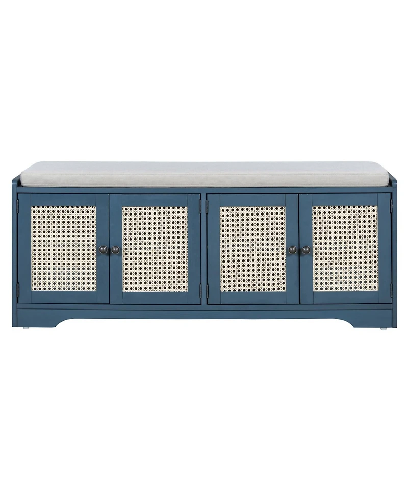 Streamdale Furniture Rustic Storage Bench with Cushion and Rattan Doors (Brown+Beige