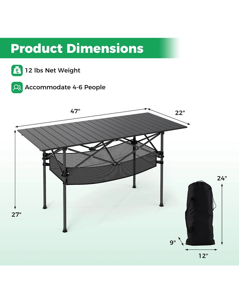 Costway Patio Folding Camping Table with Aluminum Roll-up Tabletop & Mesh Basket