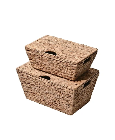 Happimess Wilder Classic Farmhouse Woven Hyacinth Rectangular Storage Baskets with Lids and Handles (Set of 2