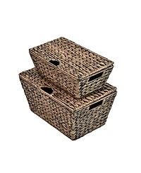 Happimess Wilder Classic Farmhouse Woven Hyacinth Rectangular Storage Baskets with Lids and Handles (Set of 2