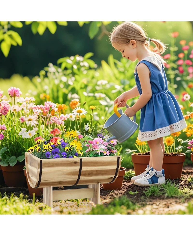 Costway Outdoor Wooden Planter Solid Acacia Wood Half-Barrel Planter Box with Legs