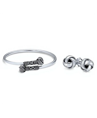 Bling Jewelry Western Style Knot Cuff Bangle & 10MM Love Knot Ball Stud Earrings Jewelry Set Oxidized Sterling Silver