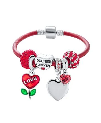 Bling Jewelry Love Heart Valentine European Bead Charm Bracelet Red Leather Sterling Silver