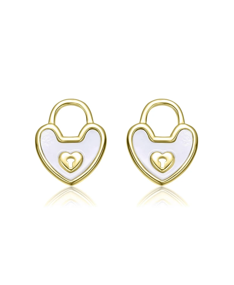 GiGiGirl Sterling Silver 14K Gold Plated with White Mother Of Pearl Heart Lock Design Stud Earrings For Kids