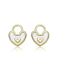 GiGiGirl Sterling Silver 14K Gold Plated with White Mother Of Pearl Heart Lock Design Stud Earrings For Kids
