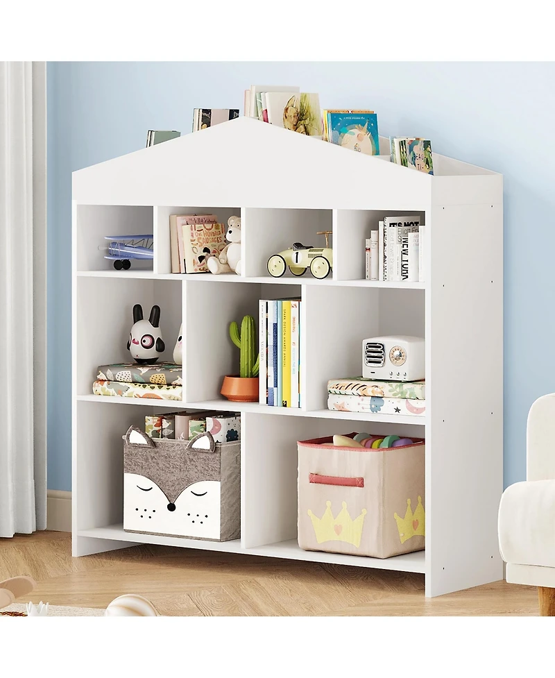 Gaomon Kids Bookshelf with 9 Storage Cubbies, Wooden Dollhouse Bookcase & Toy Organizer for Playroom or Bedroom