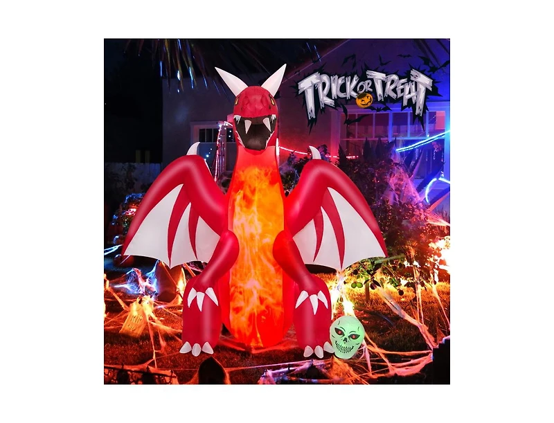 Mondawe 8 ft Halloween Inflatables Blow-up Red Dragon with Wings Skull