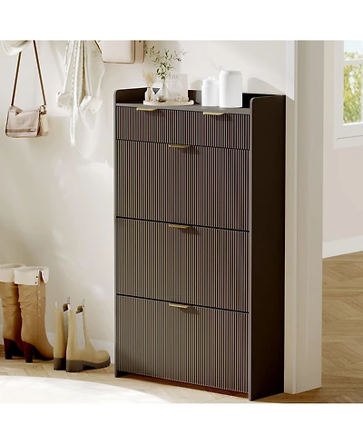 gaomon Modern Fluted Shoe Cabinet with 3 Flip Drawers, Slim Storage Organizer 2 Drawers