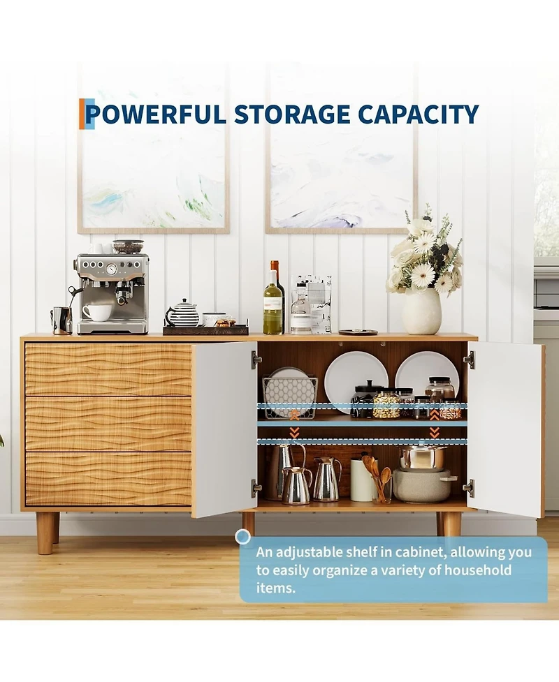 Gaomon Modern Sideboard Buffet Cabinet with Undulating Fluted Design, 61 in Wood Kitchen Storage Cabinet with 3 Drawers & 2 Door, Accent Console Table