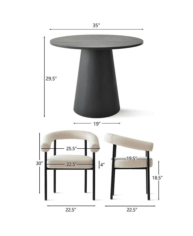 Maison Boucle 3-Piece Modern Round Dining Table Set with Boucle Armchairs and Pedestal Table, Small Space Table Set for 2