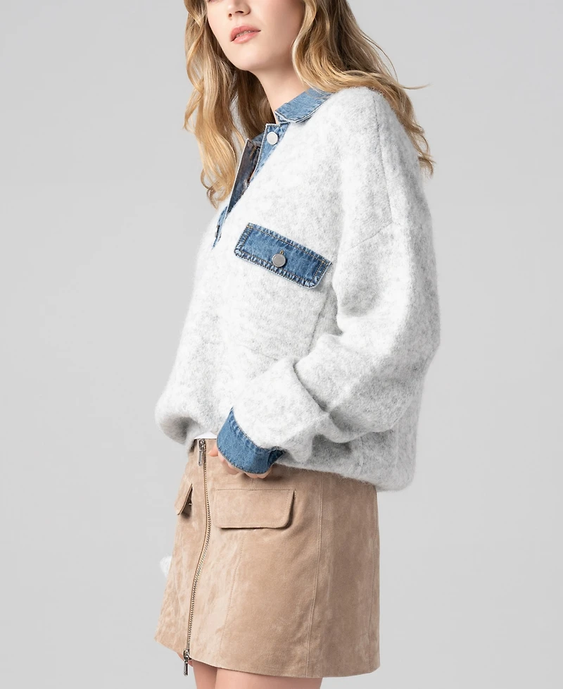 Blank Nyc Women's Denim Collar Button Front Sweater