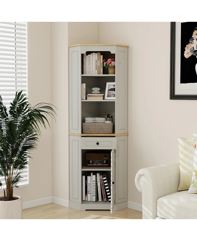 sumyeg Corner Cabinet 68 Inches Tall with Door Drawer and Adjustable Shelf in Antique White