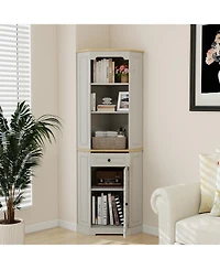 sumyeg Corner Cabinet 68 Inches Tall with Door Drawer and Adjustable Shelf in Antique White