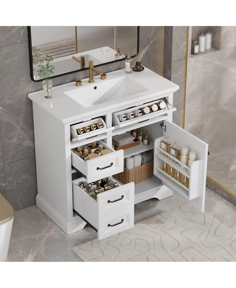 Clihome 36-Inch Bathroom Vanity with Ceramic Sink Top,Freestanding Storage Cabinet with Metal Finish