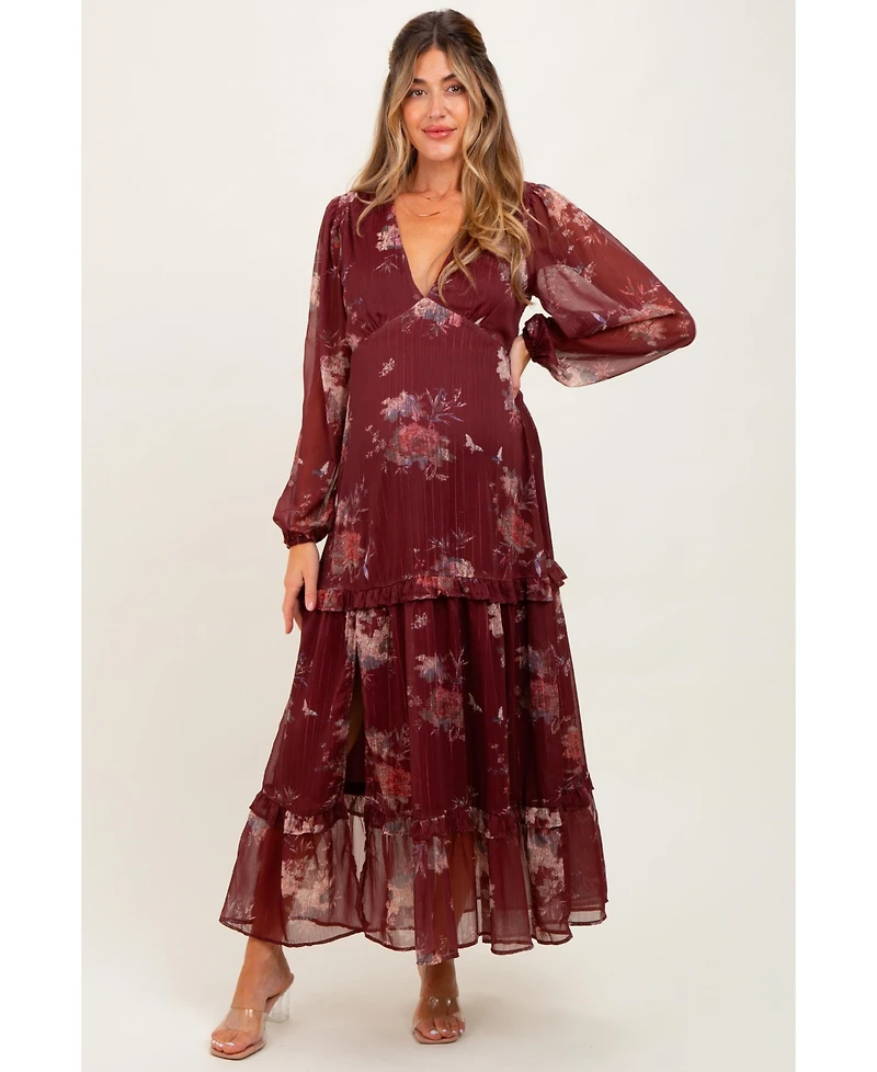 Pinkblush Maternity Burgundy Floral Chiffon V-Neck Long Sleeve Maxi Dress