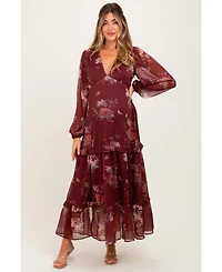 Pinkblush Maternity Burgundy Floral Chiffon V-Neck Long Sleeve Maxi Dress