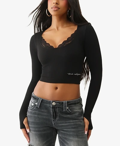 True Religion Women's Long Sleeve Seamless Lace Top