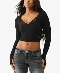 True Religion Women's Long Sleeve Seamless Lace Top