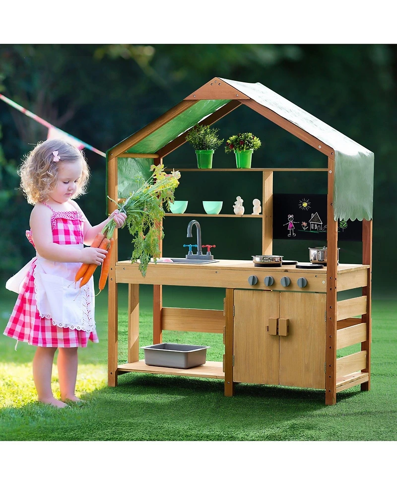 Hongge Kids Outdoor Mud Kitchen Playset with Canopy Sink Storage and Pretend Cooking Features