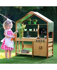 Hongge Kids Outdoor Mud Kitchen Playset with Canopy Sink Storage and Pretend Cooking Features