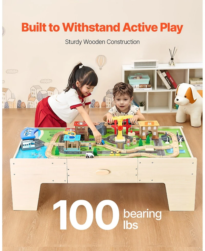 Mecale Train Table, 62 Pcs Wooden Activity Table with Large Drawer, 3-in-1 Train Set for Playing, Drawing & Reading, Toy for Kids 3