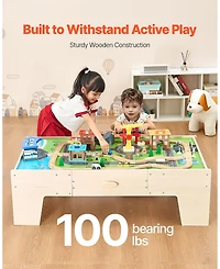 Mecale Train Table, 62 Pcs Wooden Activity Table with Large Drawer, 3-in-1 Train Set for Playing, Drawing & Reading, Toy for Kids 3