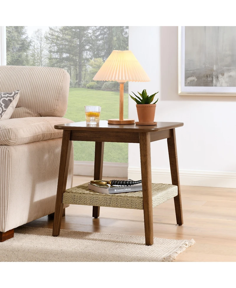 Casainc 23 Inch Mid-Century Woven Shelf Side Table with Boho Storage in Dark Walnut