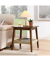 Casainc 23 Inch Mid-Century Woven Shelf Side Table with Boho Storage in Dark Walnut