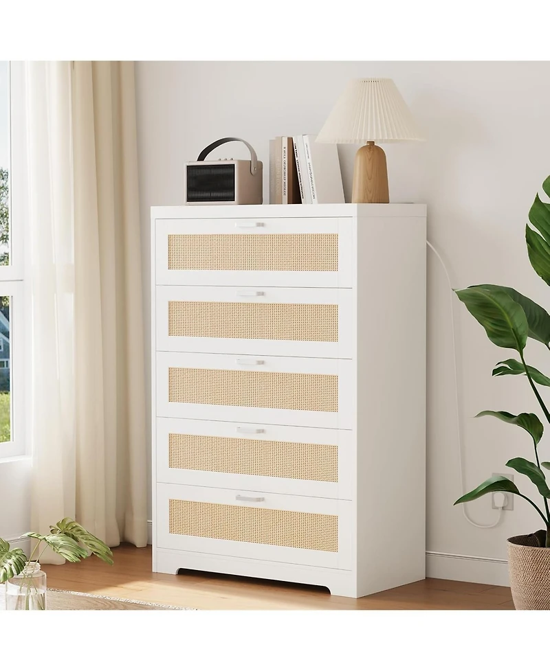 Gaomon Tall Rattan Dresser with 5 Drawers,Wooden Spacious Storage Chest of Drawers