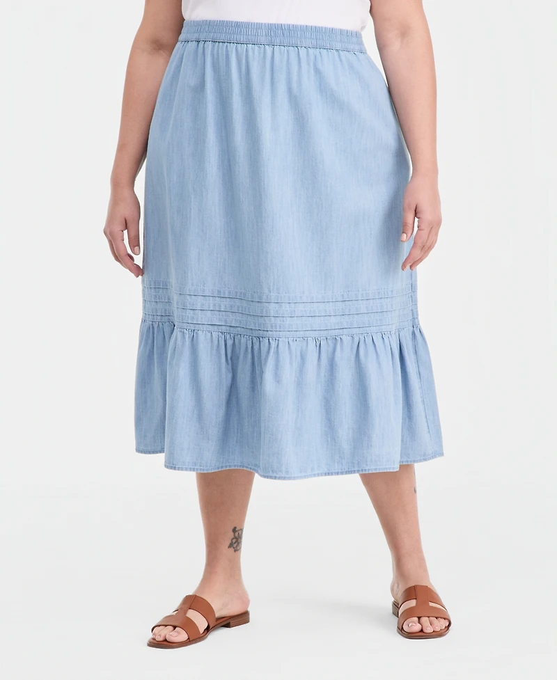 Style & Co Plus Size Cotton Chambray Pintucked Pull-On Skirt, Macy's Exclusive