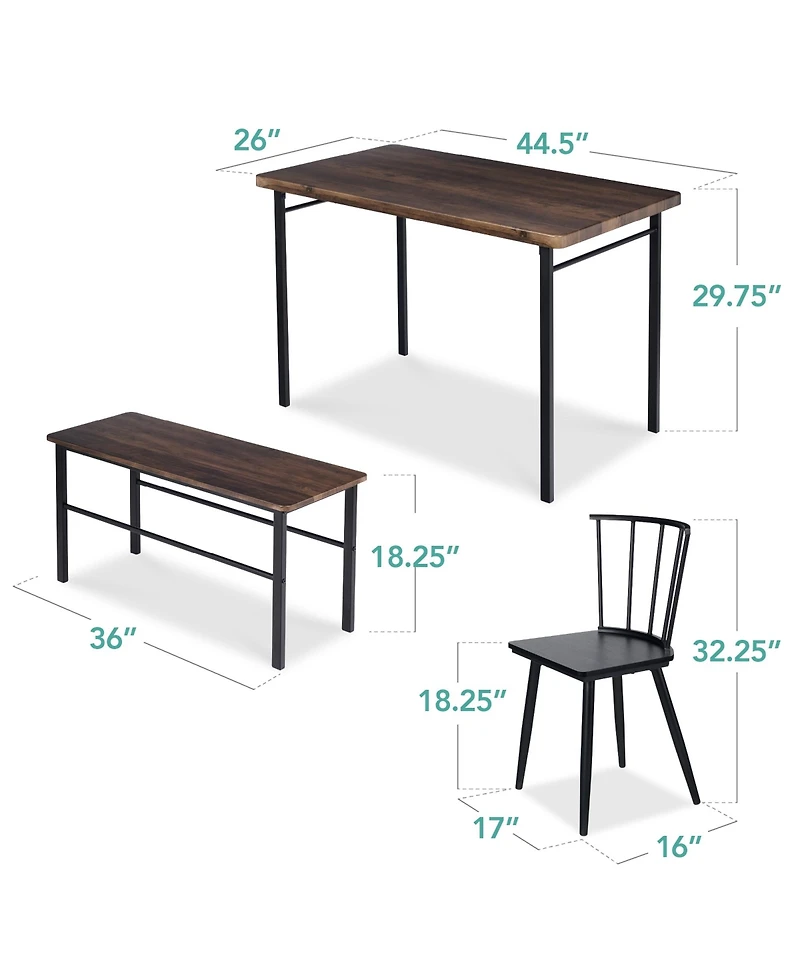 Best Choice Products 4-Piece Dining Kitchen Table Set w/ 2 Spindle-Back Chairs, Bench