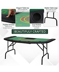 Rbied 72" Foldable Poker Table for 7 Players with Chip Tray and Cup Holders, Blue Mdf Blackjack Card Table with Padded Rails for Game Room-Rbied