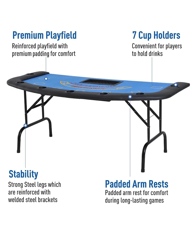 Rbied 72" Foldable Poker Table for 7 Players with Chip Tray and Cup Holders, Blue Mdf Blackjack Card Padded Rails Game Room-Rbied